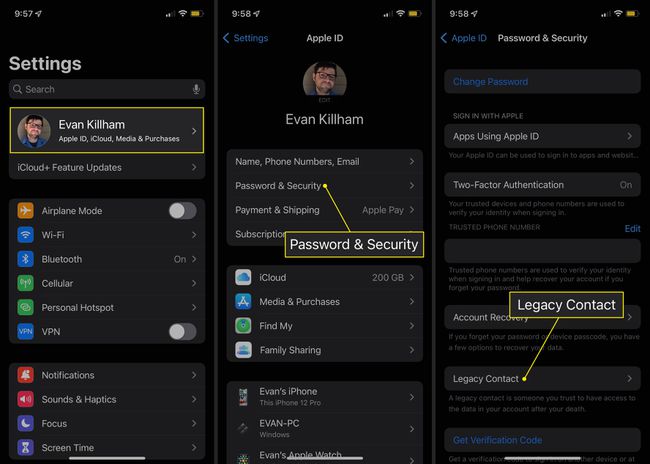 Password & Security and Legacy Contact options in iOS 15