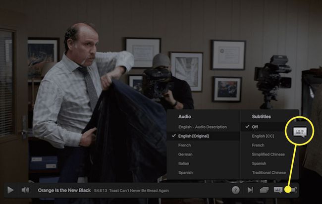 A screenshot of Netflix with the subtitles menu highlighted