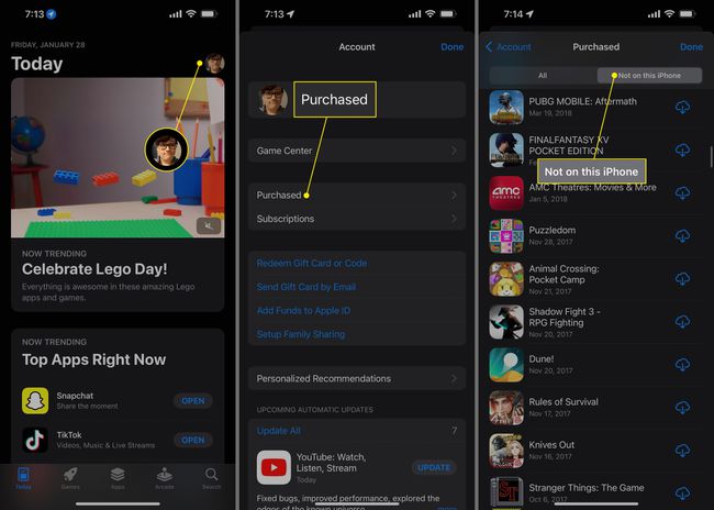 Account icon, Purchased, and Not on this iPhone in iPhone App Store