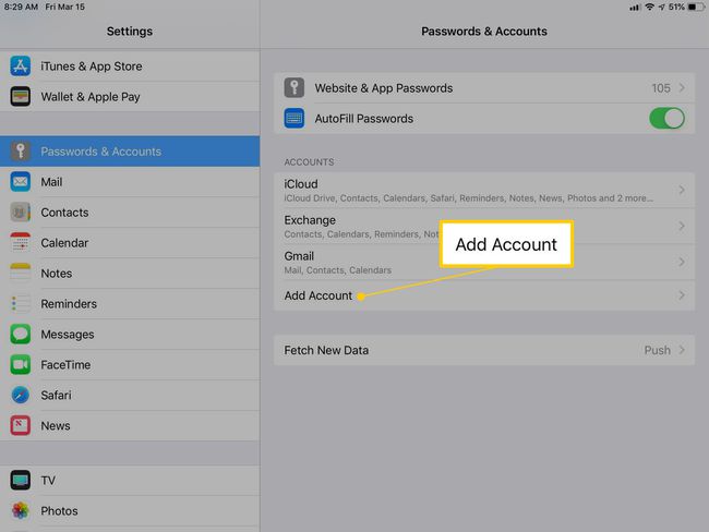 Add Account button in iPad Settings app