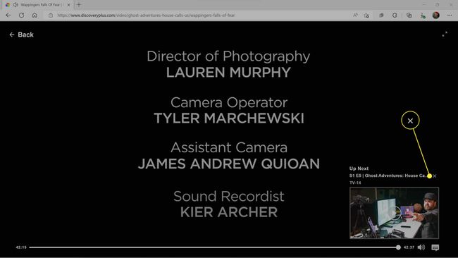 The X highlighted above the next episode thumbnail on Discovery Plus.