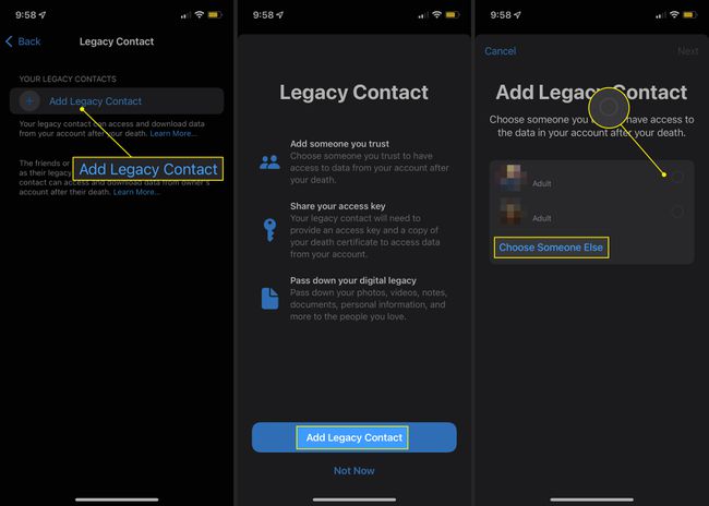 Options for adding legacy contacts on an iPhone