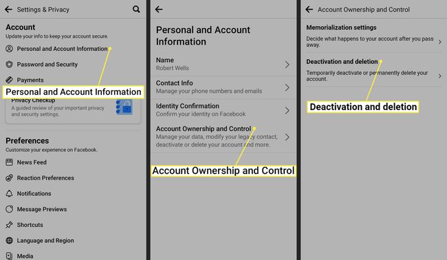 Personal and Account Information, Account Ownership and Control, and Deactivation and deletion on Facebook app