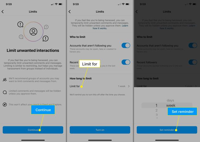 Continue, Limit for, and Set Reminder in Instagram