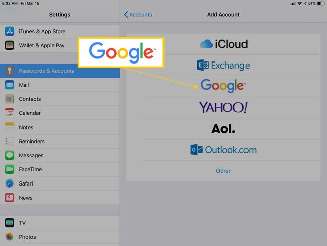 Google logo in Add Account screen in iOS Settings