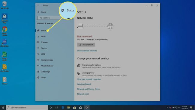 Network status in Windows 10.