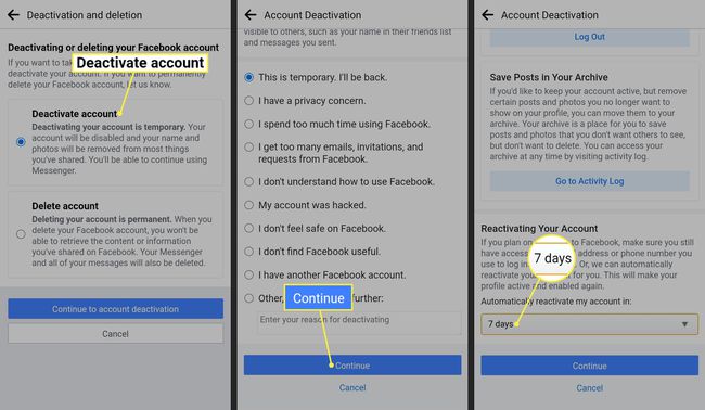 Deactivate account, Continue, and 7 days highlighted in the automatically reactivate account menu on the Facebook app