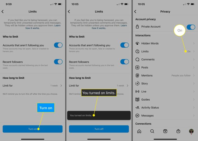 Turn on, You turned on limits, and Limits On in the Instagram Privacy menu