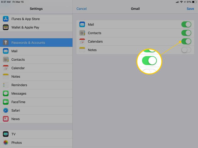 Calendars option in Gmail settings on iPad toggle to ON