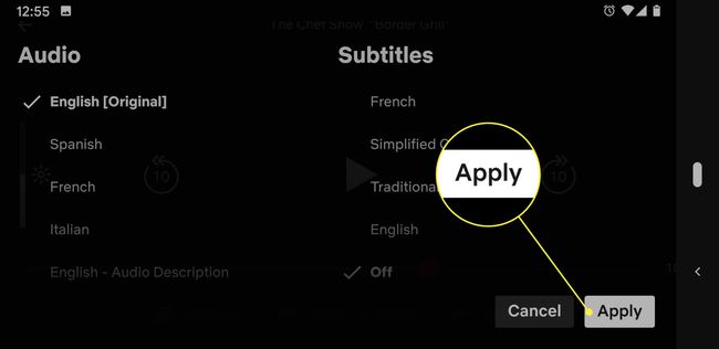 A screenshot of the Audio & Subtitles settings on Netflix with the Apply button highlighted