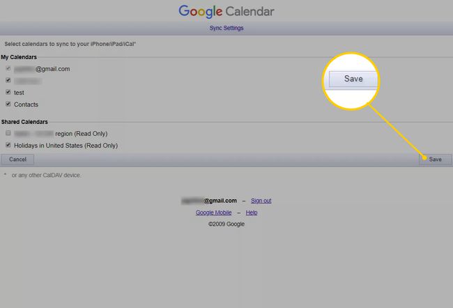 Save button in Google Calendar Sync settings