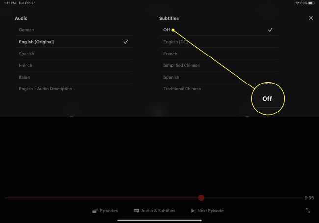 A screenshot of the Audio & Subtitles settings on Netflix for iOS with the Off option highlighted