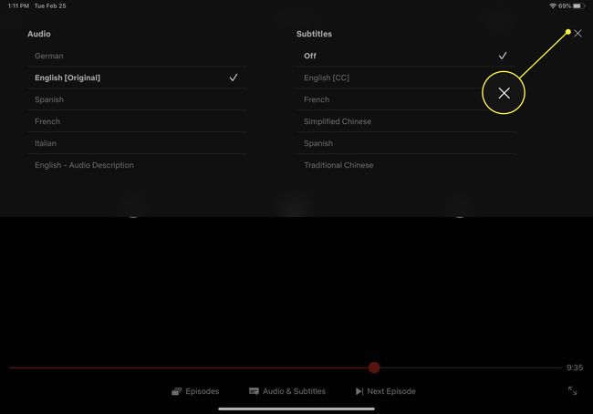 A screenshot of the Audio & Subtitles settings for Netflix on iOS with the X button highlighted