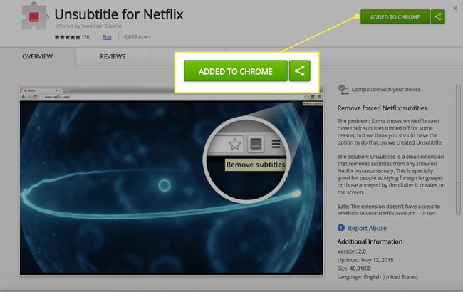 A screenshot of the Unsubtitle for Netflix Chrome extension page with the Add button highlighted