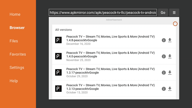 A list of Peacock TV APKs in the Downloader app on Fire TV.