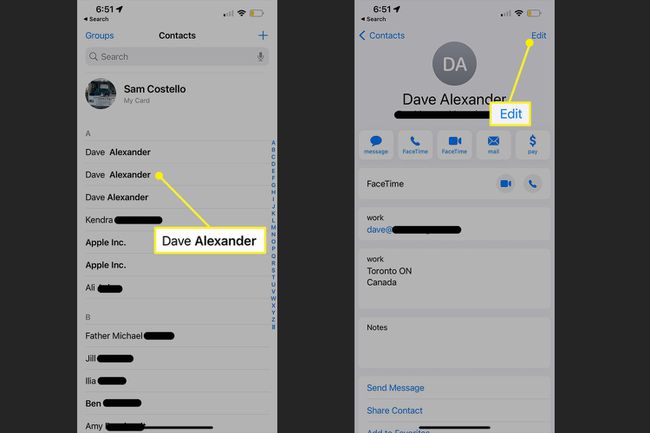 A contact in the iPhone Contacts app with Edit highlighted