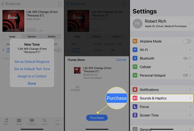 Finishing the steps to buy a ringtone in the iTunes store app on an iPhone.