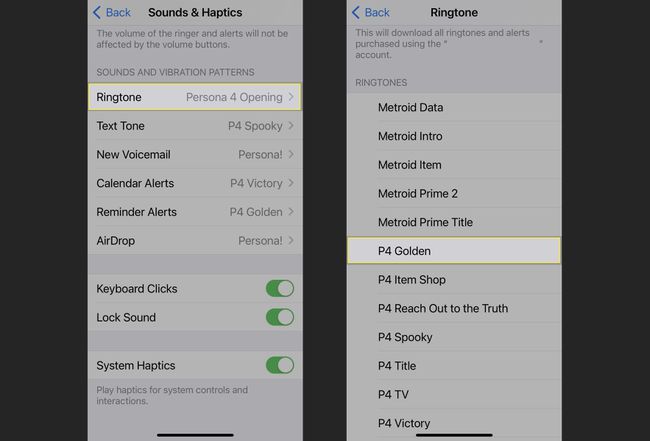 Finding and choosing a newly purchased ringtone on an iPhone.