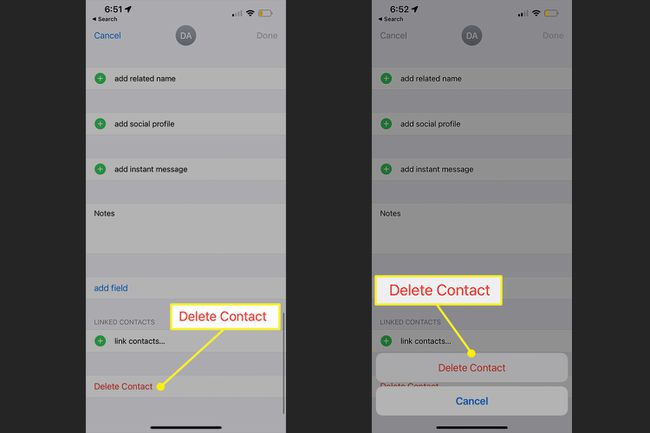 Delete Contact option and confirmation in the iPhone Contacts app