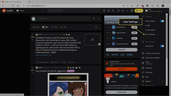 User Settings highlighted in the Reddit user menu