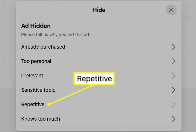 Reasons for hiding an ad on Facebook with repetitive selected