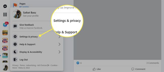 The Setting and privacy menu item highlighted on the Facebook website.