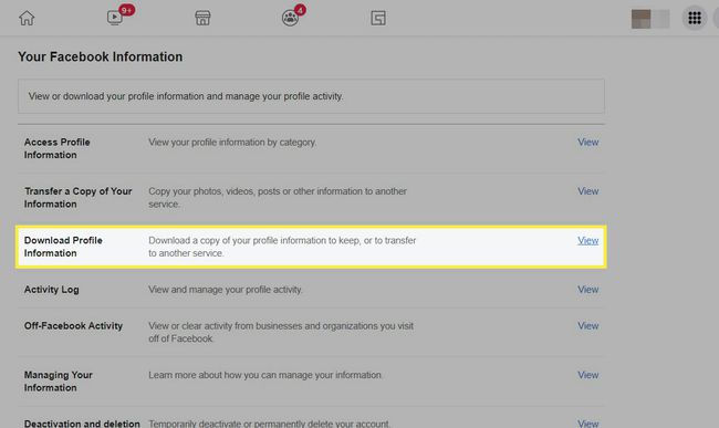 Download Profile Information selected and highlighted in Facebook settings.