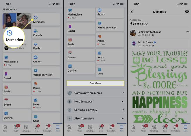 Steps to find Memories in the Facebook mobile app.