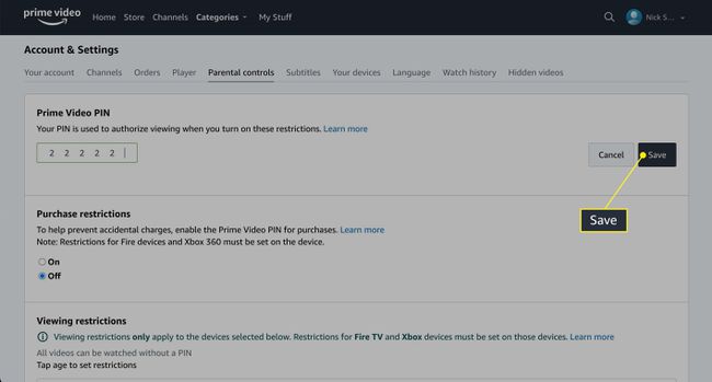 Save highlighted to Confirmg Prime Video PIN change on desktop