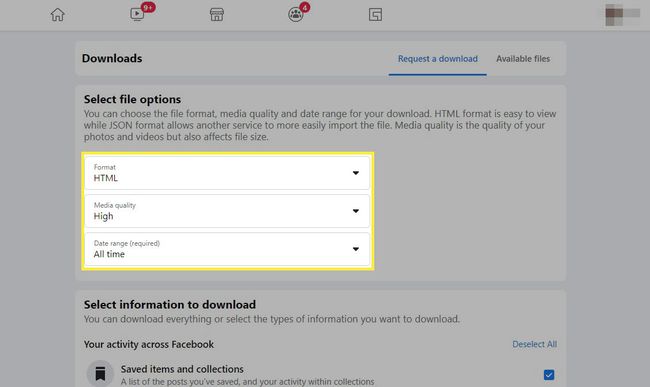 Select file options (highlighted) in Facebook request a download page.