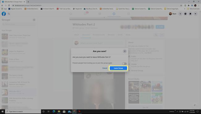The confirmation dialog box about leaving a group on Facebook.