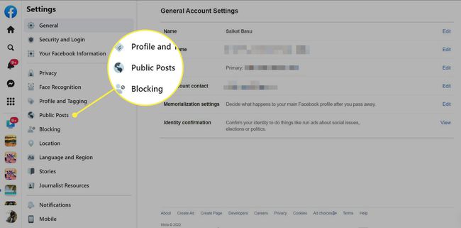 Public posts menu item highlighted under General Account Settings on the Facebook website.