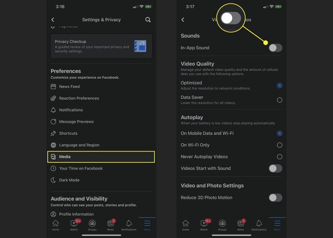 Adjusting sound notifications in the Facebook app on an iPhone.