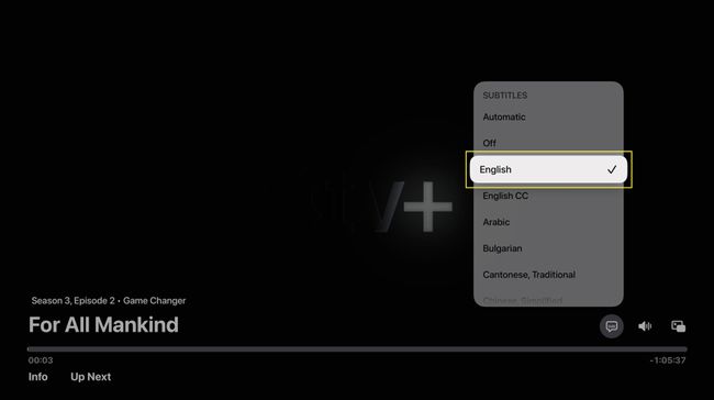 The subtitle language options highlighted on Apple TV's interface.