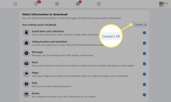 Facebook deselect all button highlighted on select information to download page,