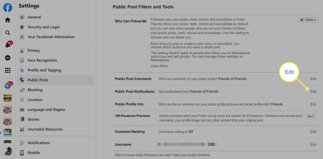 The Edit button highlighted on the Public Post Notifications section of Settings on the Facebook site.