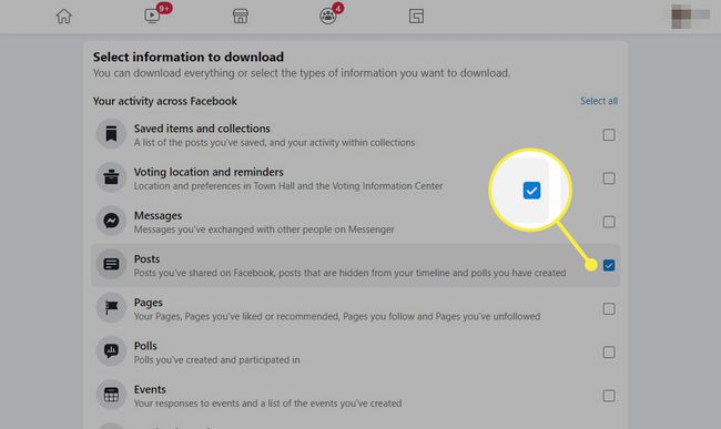 Facebook posts selected and highlighted for information to download.