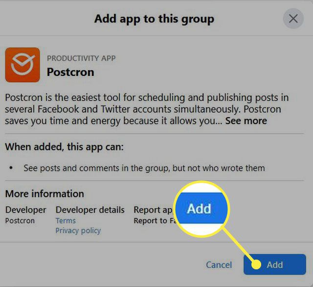 The final step to add Postcron to a Facebook group.