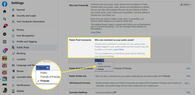 The choices highlighted when choosing who can comment on Facebook public posts on the Facebook site.