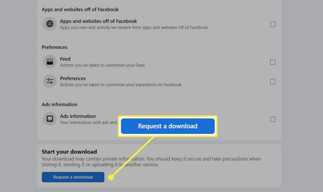 Request a download button highlighted in Facebook settings.