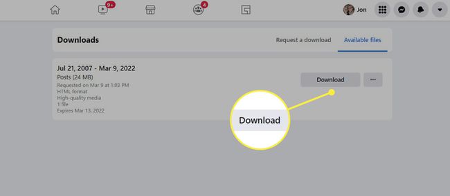 Available files download list in Facebook settings.