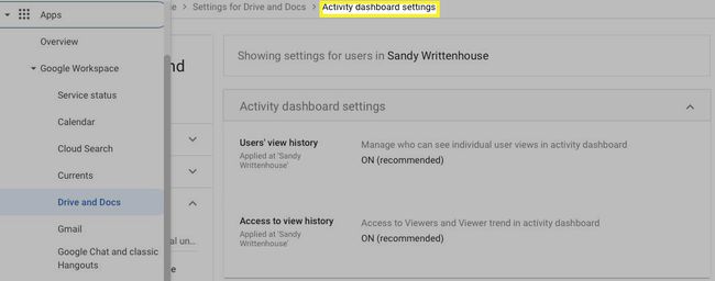 Activity Dashboard Settings highlighted in the Admin console