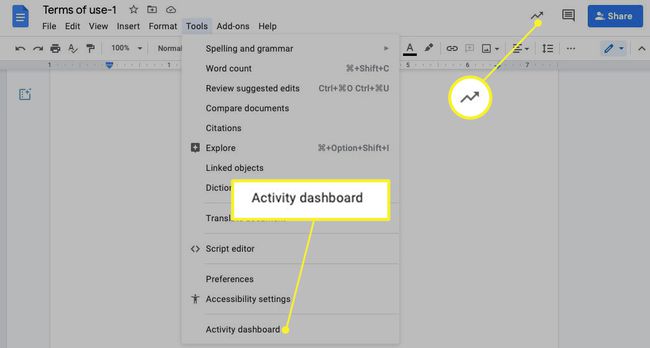 Google Docs with Activity Dashboard and its Icon highlighted