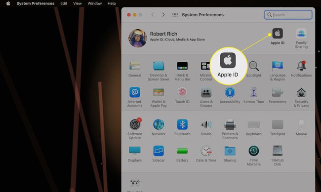 Mac System Preferences with Apple ID highlighted