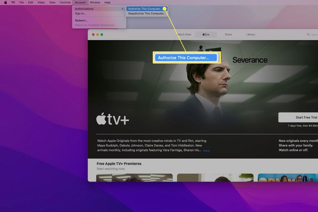 The Apple TV app being used to authorize a new computer.