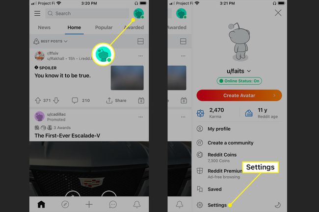 User icon and Settings highlighted in Reddit app