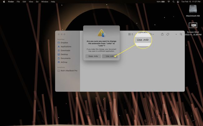 The dialog box asking you to make sure you want to change the file extension to a different format in the Finder on a Mac.