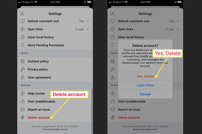 Delete account and Yes, Delete highlighted in the Reddit app