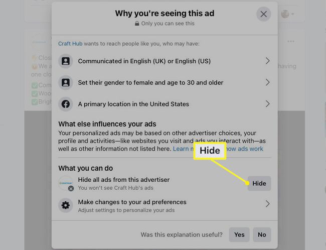 Facebook info for hiding all ads from an advertiser