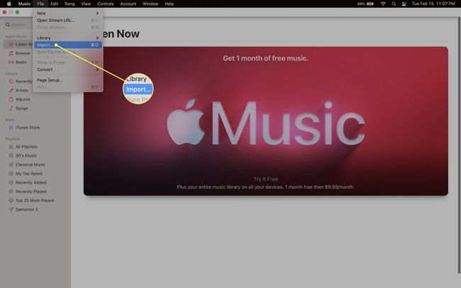 Choosing Import in the Music app on the Mac.